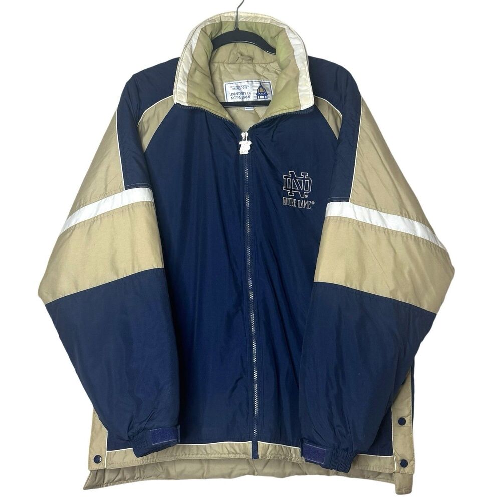 Vintage 90s Notre Dame Fighting Irish Quilted Puffer Jacket Navy Gold Size L